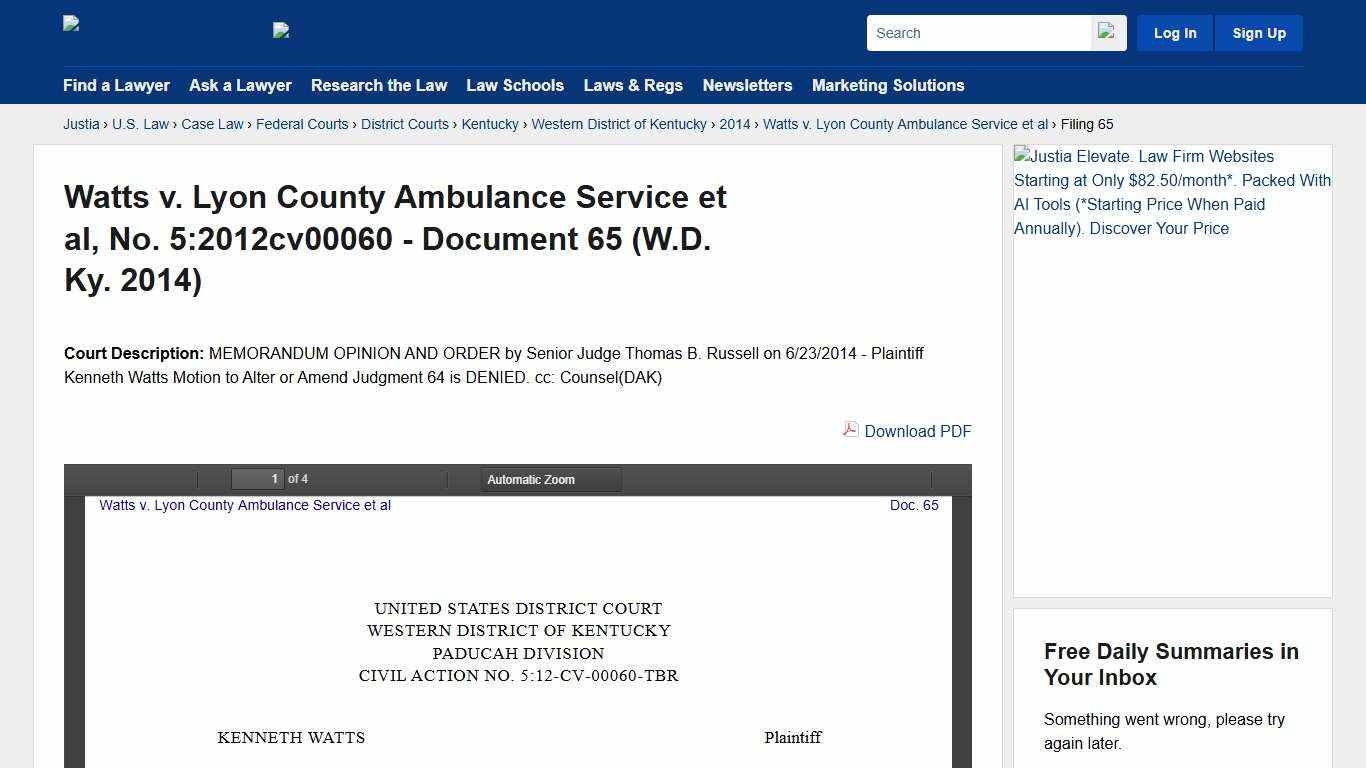 Watts v. Lyon County Ambulance Service et al, No. 5:2012cv00060 - Document 65 (W.D. Ky. 2014) :: Justia